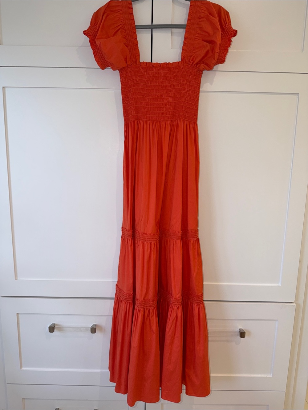 Tory Burch Orange Smocked Puff-Sleeve Maxi Dress